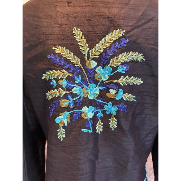 Handcrafted Black Sheer - 100% Silk Open-Front Jacket S Floral Embroidery Dressy - Picture 4 of 8